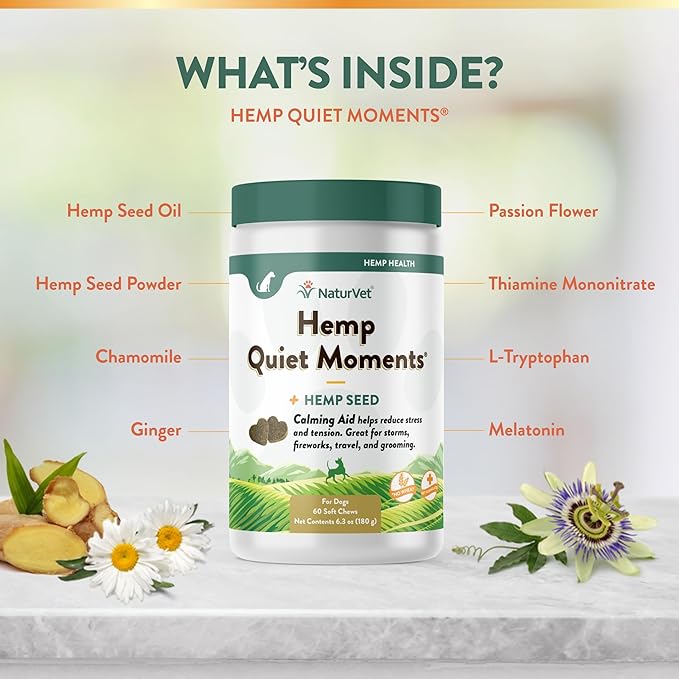 NaturVet Quiet Moments Plus Hemp Calming Aid Soft Chews for Dogs, Count of 60, 60 CT