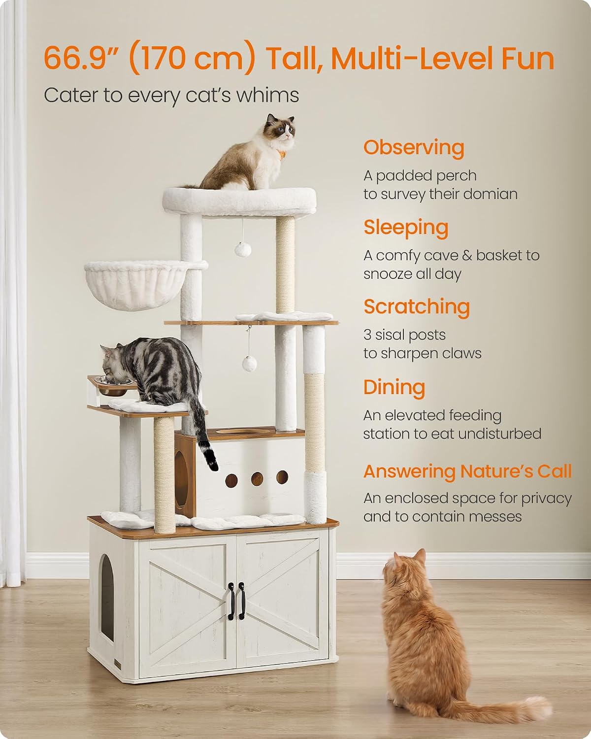 Feandrea Cat Tree, 66.9-Inch Cat Tower with Litter Box Enclosure – Essentials for Cats - Rustic White + Honey Brown - image 3