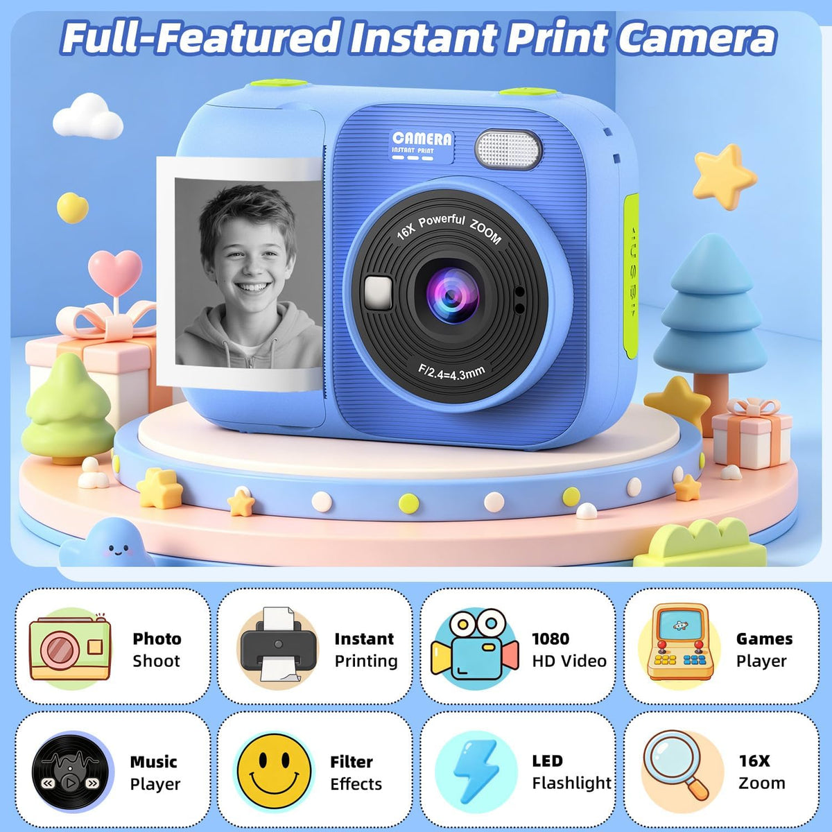 Kids Instant Print Camera with 5 Rolls Print Paper - Blue - image 3