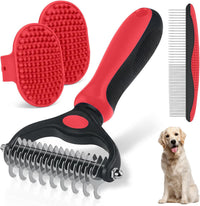 Dog Grooming Rake 4-in-1 Kit, Deshedding Undercoat Rake - Red