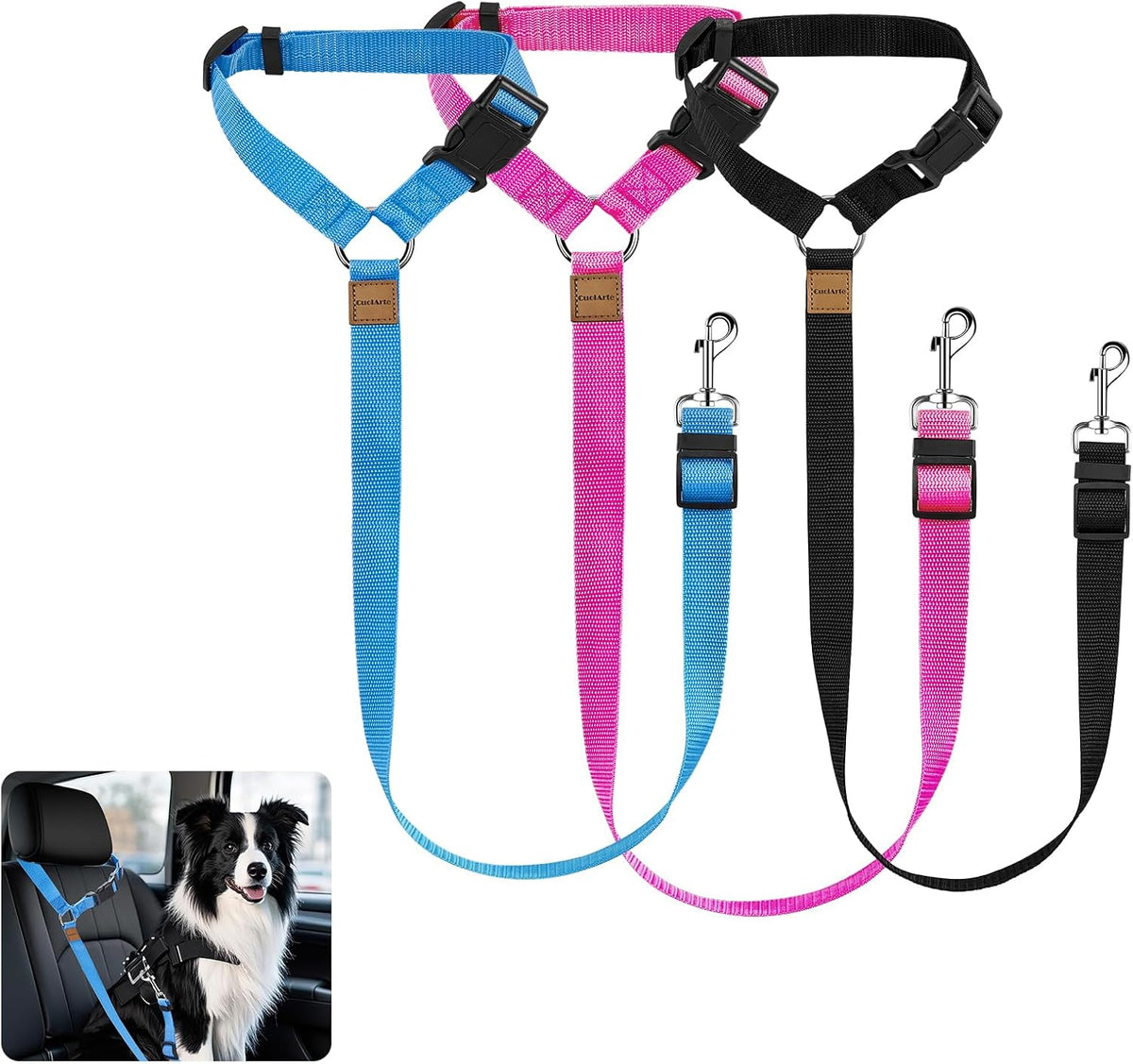 3 Pack Small Dog Belt for Car - Black & Pink & Blue