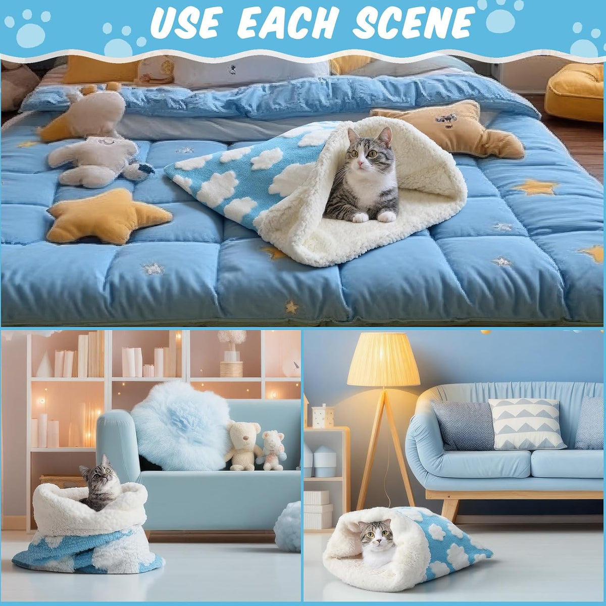 Self Heating Cat Sleeping Bag Indoor Self Warming Cat Bed Cave Heated - Classic / White Clouds - image 4