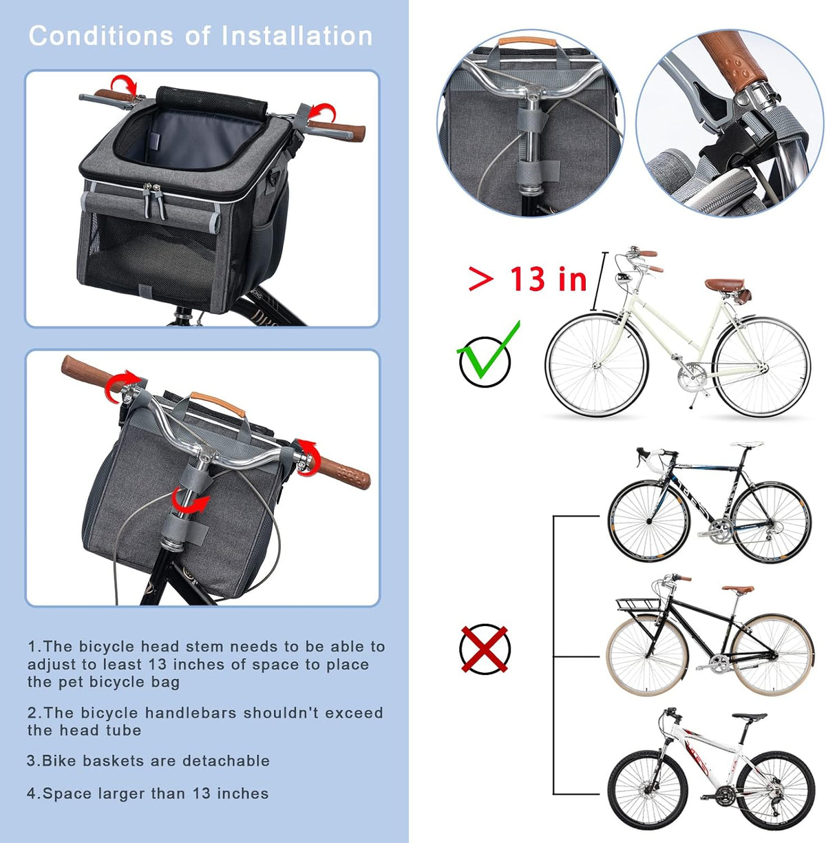 Dog Bike Basket, Soft-Sided Dog Bike Carrier with 4 Mesh Windows for Small Dog Cat Puppies - Grey - Grey - image 3