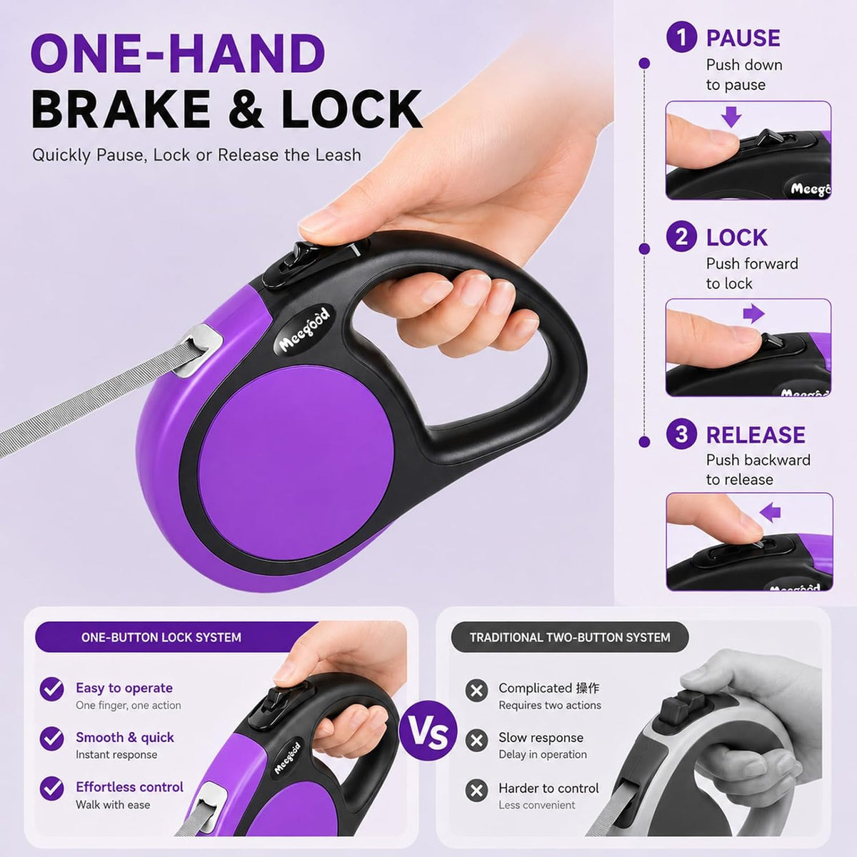 Heavy Duty Retractable Dog Leash-16ft Strong & Durable Walking Leash - Purple / Small/Medium - image 4