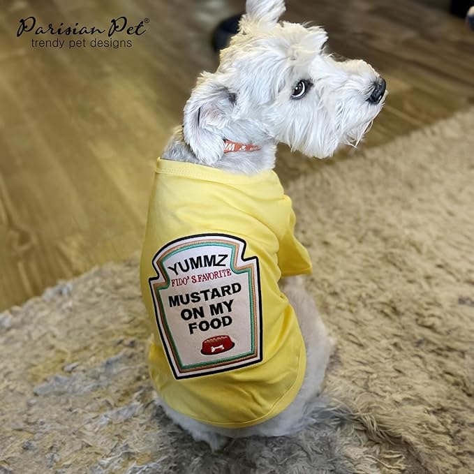 Parisian Pet Dog Shirt - Embroidered “Mustard on My Food“ - 100% Cotton and Polyester Dog Clothes - Sleeved, Lightweight Costume for Dogs - Yellow Dog Shirts for Large Dogs - Pet Costumes - L