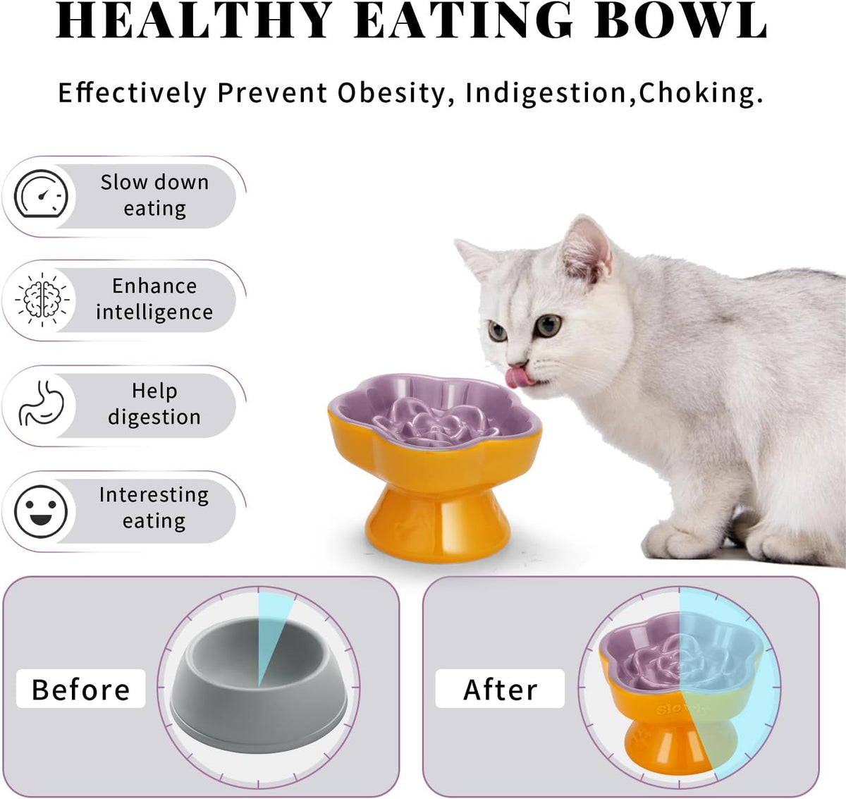 S&Q's CERAMICS Raised Slow Feeder Cat Bowl - 5.8" / Purple - image 3