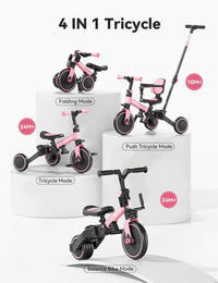 besrey Folding Toddler Tricycle-to-Balance Bike with Push Handle - Pink - image 2