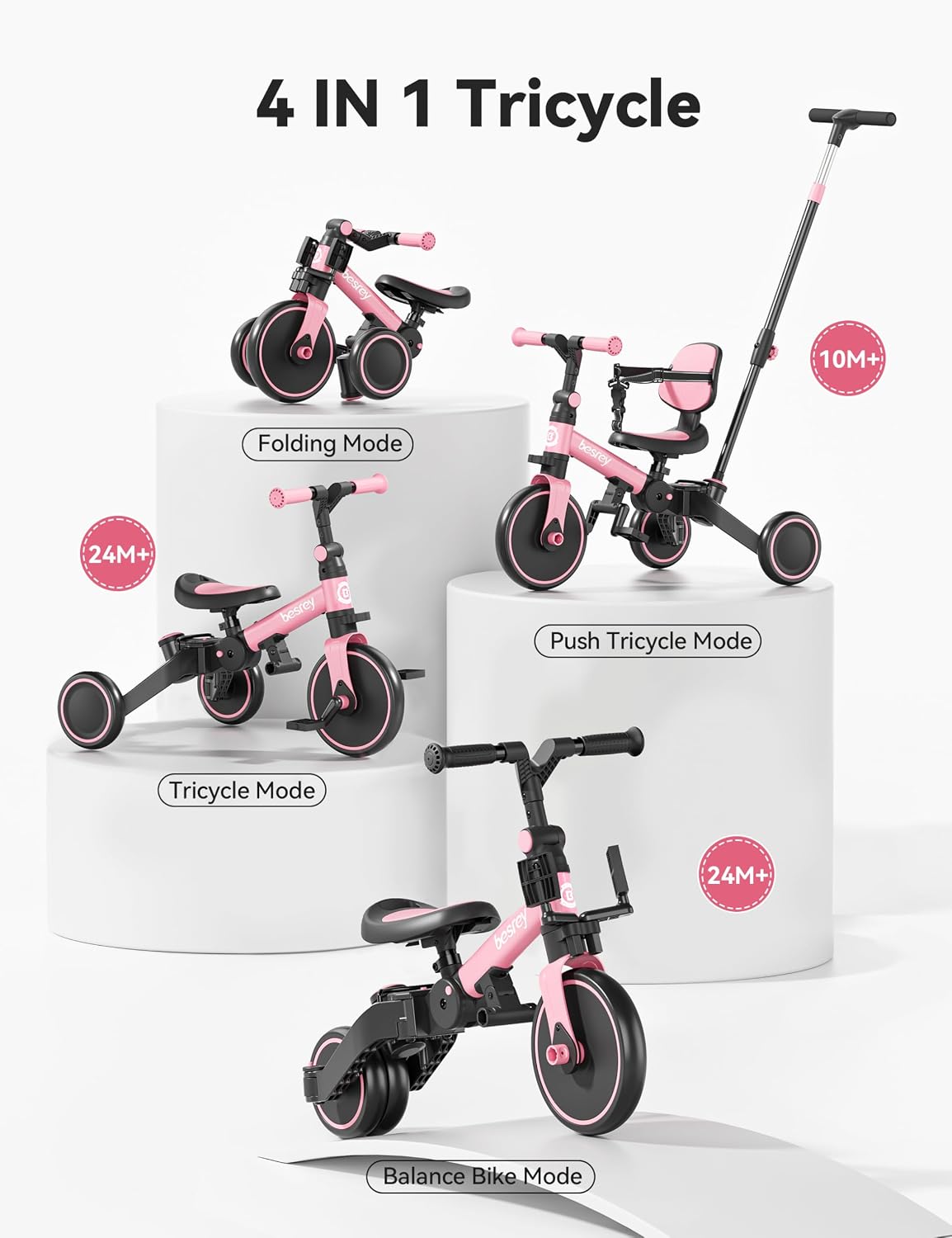 besrey Folding Toddler Tricycle-to-Balance Bike with Push Handle - Pink - image 2