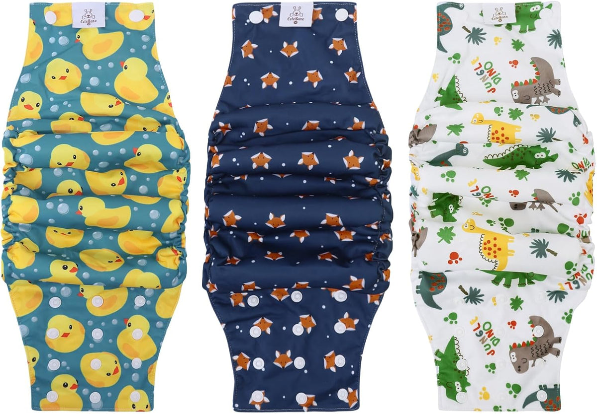 CuteBone Washable Dog Diapers Male with Snaps Reusable 3pcs a Pack - Buttons-Duck&Dino&Fox / XS(9"-11")