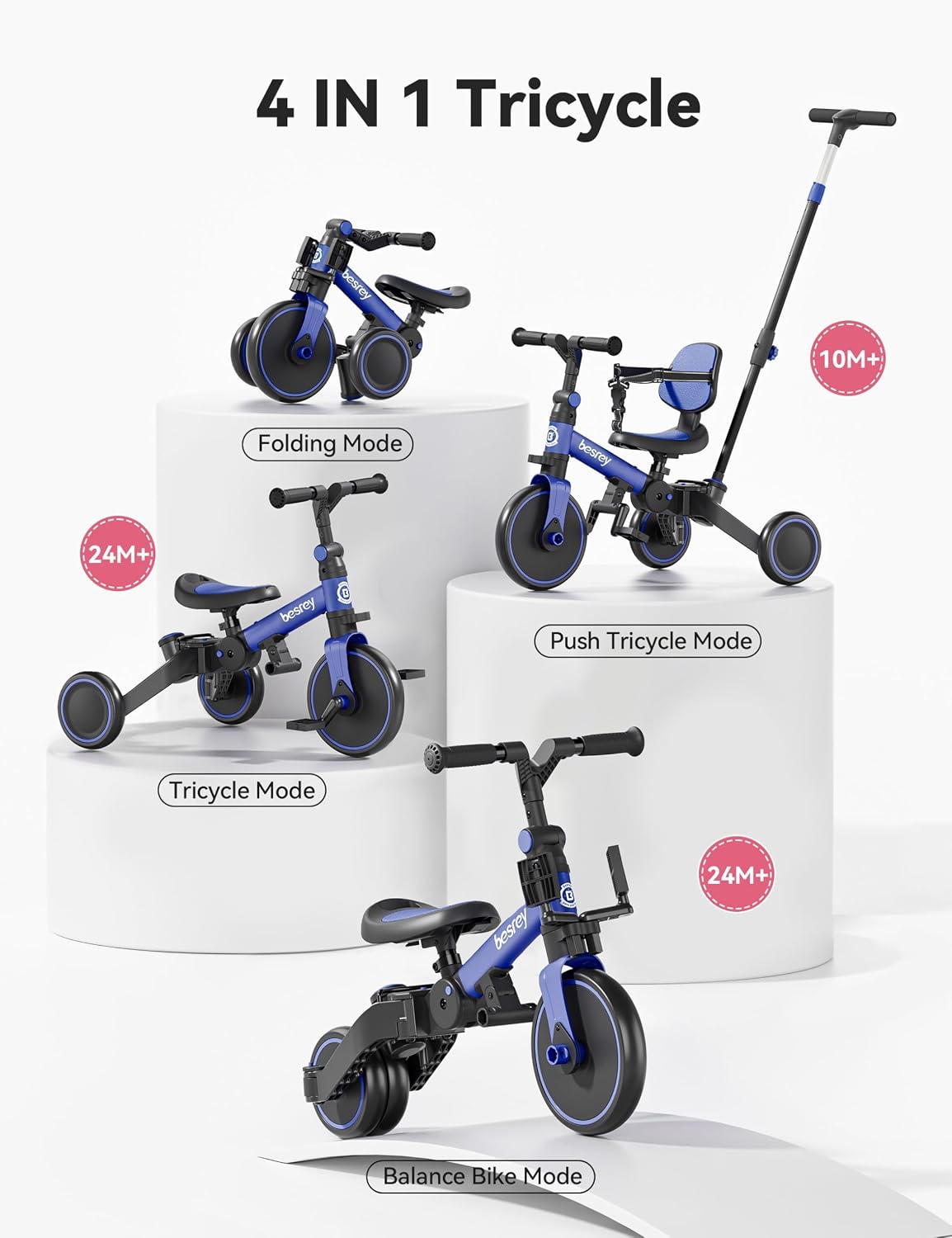 besrey Folding Toddler Tricycle-to-Balance Bike with Push Handle - Dark Blue - image 2