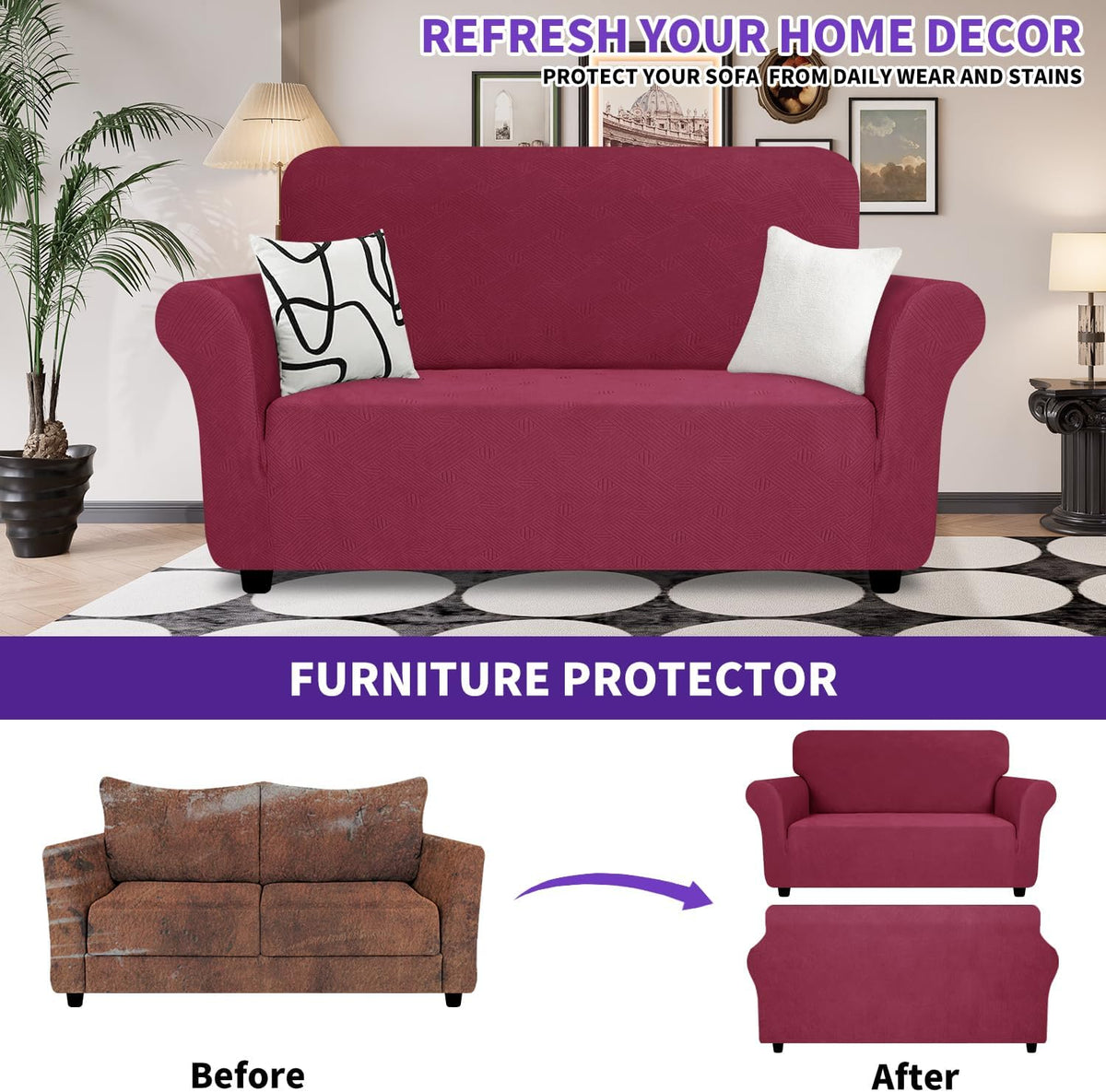 Super Stretch Couch Cover Universal Sofa Covers with Elastic Bottom - - Wine Red / Medium (57"-70") - image 3