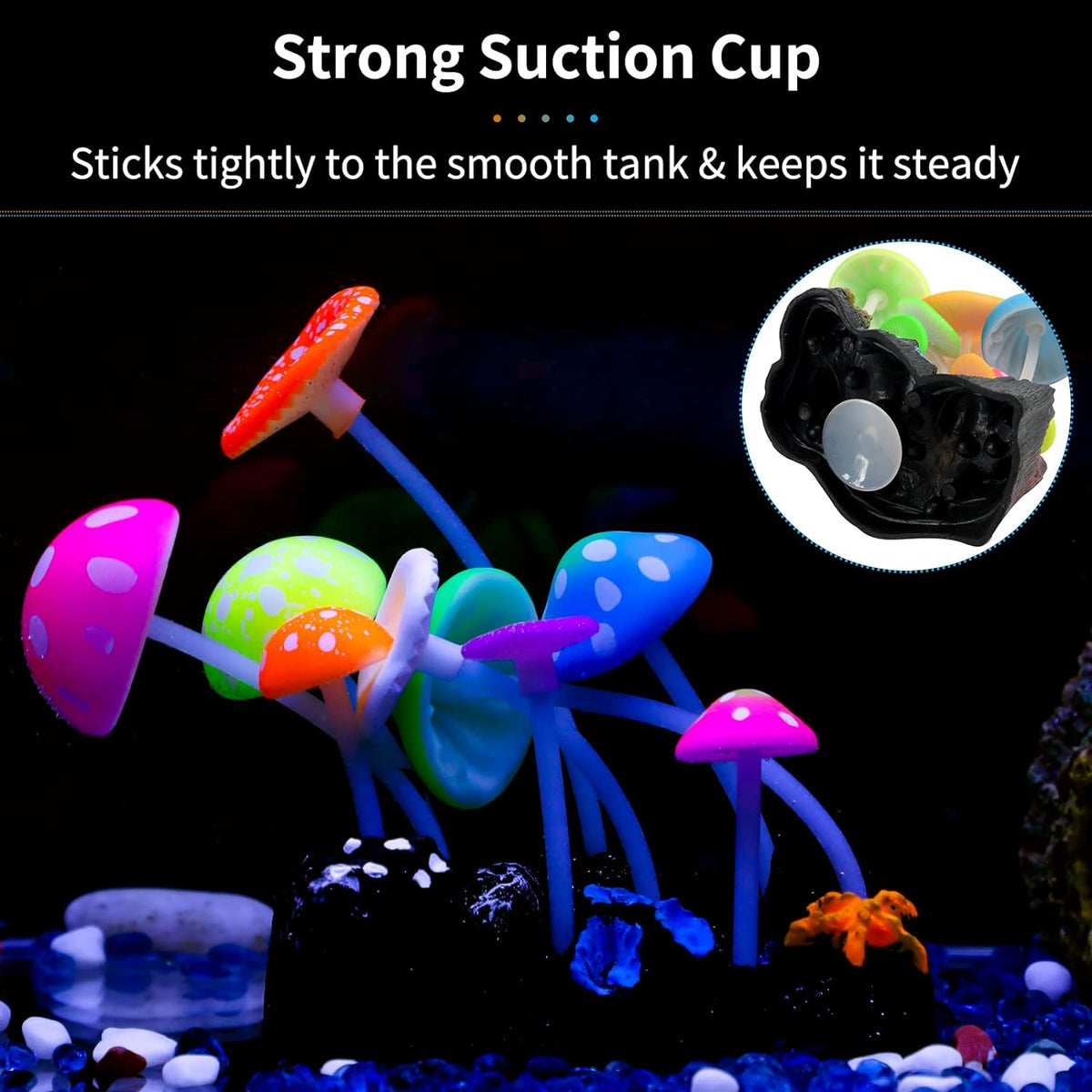 Uniclife glowing artificial mushroom aquarium decor in silicone with suction cup base - view 4