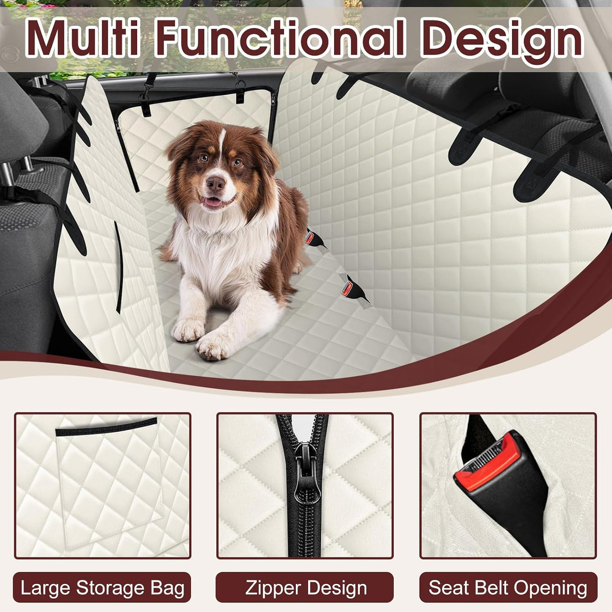Waterproof Dog Car Seat Cover for Back Seat, Pet Hammock, L - Beige,Black / Large,Standard - image 3