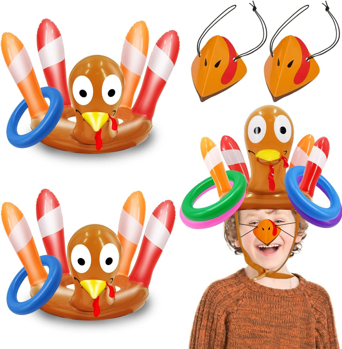 TURNMEON Thanksgiving ring toss game with 2 inflatable turkey hats and 8 colorful rings
