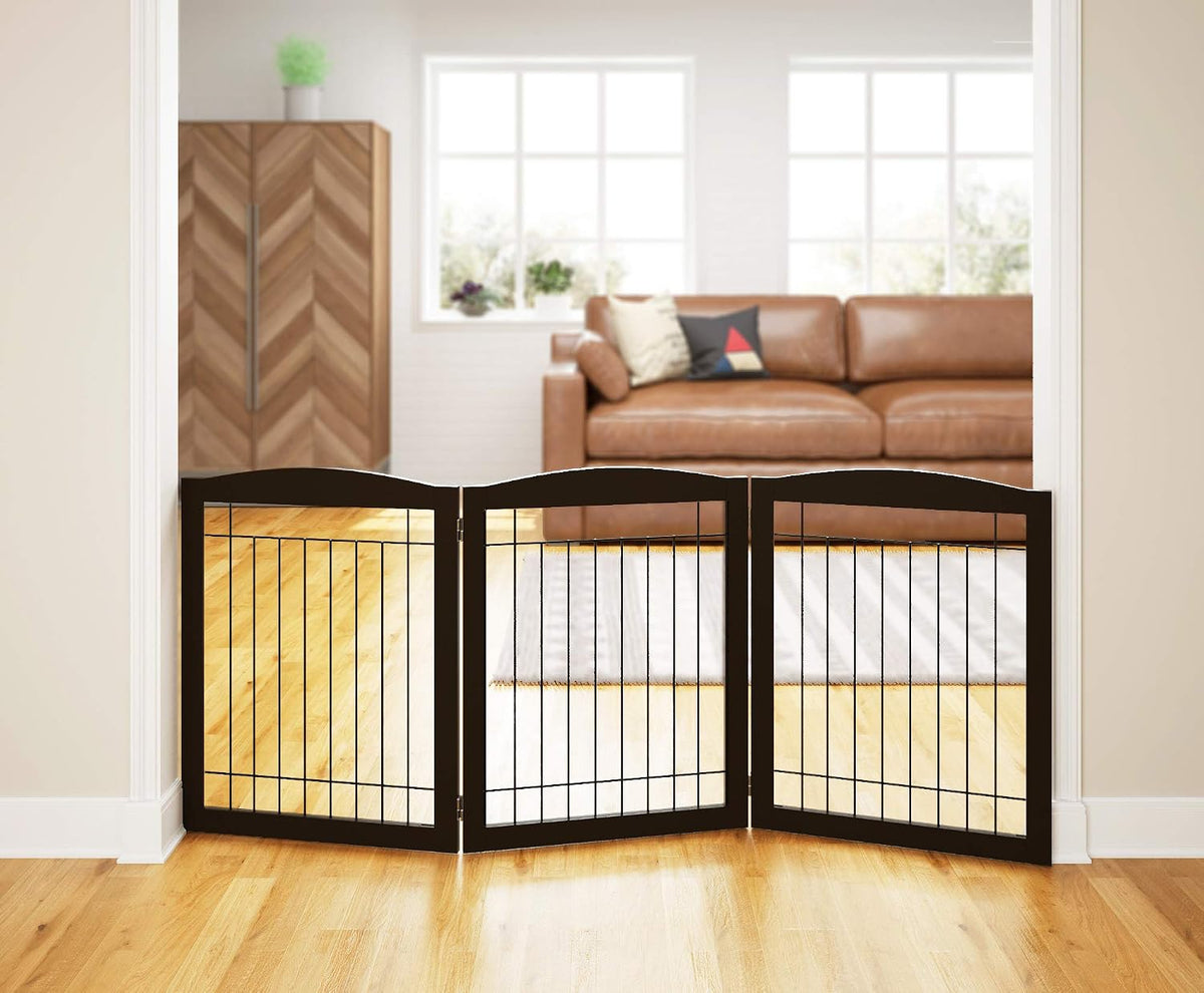 PAWLAND Dog Gate Indoor with Door, Freestanding, Foldable - Espresso / 【3 Panels】72"W x 32"H - image 2