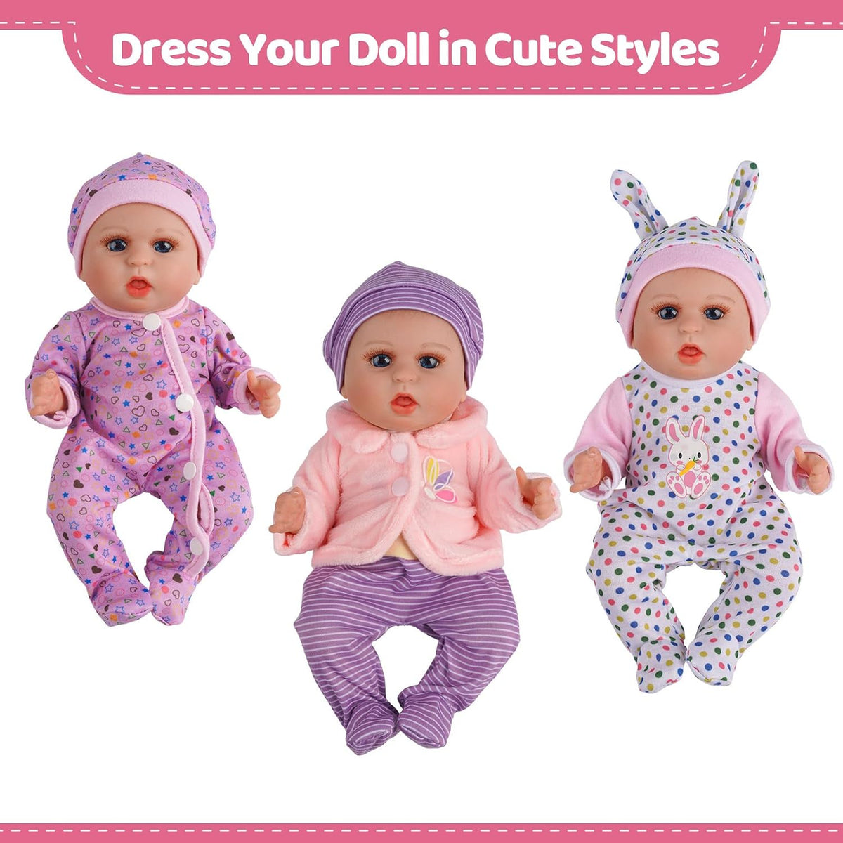 BABESIDE baby doll clothes set with 3 footed outfits, 3 hats and pink coat - view 3