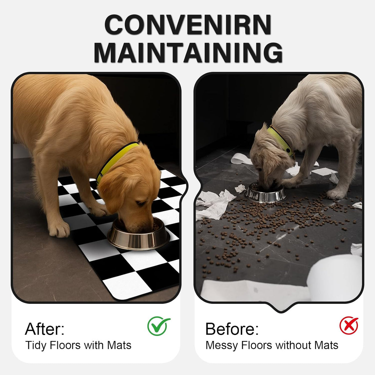 Cat Food Mat, 12"x 20" Cat Dog Mats for Food and Water Bowl - 16"L x 24"W / Black & White - image 4