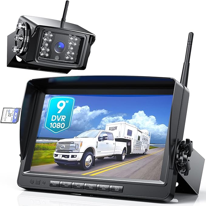 Fookoo HD 1080P 9" Wireless Backup Camera System, 9-inch Dual/Quad Split Monitor w/Recording, Supports 4 Cameras, IP69 Waterproof Rear View Cam Parking Lines 32GB SD Card for RV/Trailer/Truck(DW901)