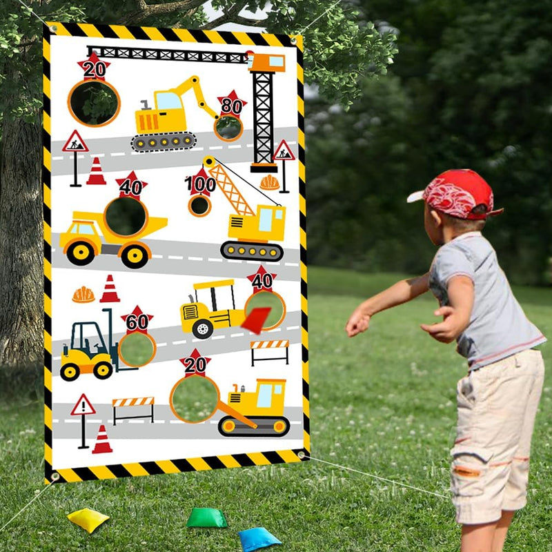 TONIFUL construction truck toss game banner, yellow excavator design with 4 bean bags