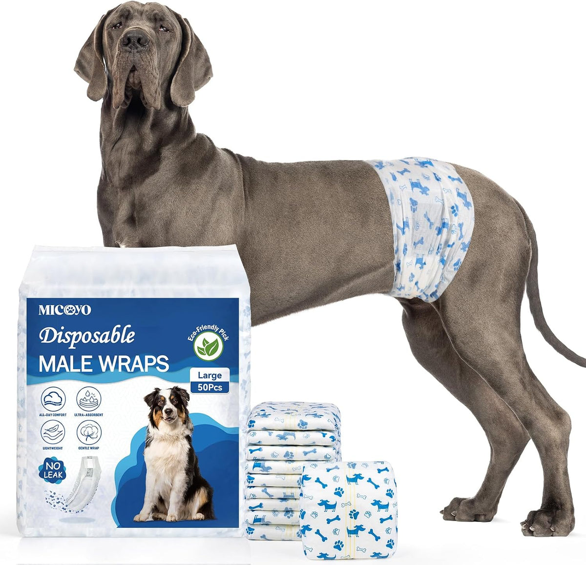 MICOOYO Dog Diapers Male Disposable Super Absorbent Male Dog Wraps - Large / 50