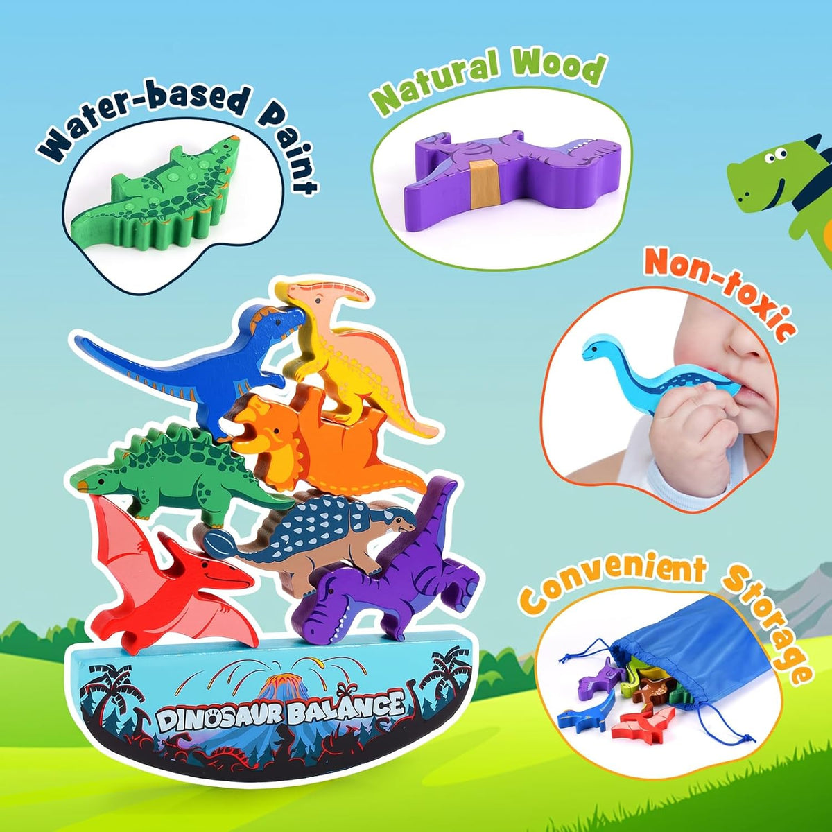 IPOURUP Dinosaur Toys for Kids 3-5: Wooden Stacking Montessori Toys - Double Dino Blocks - image 2