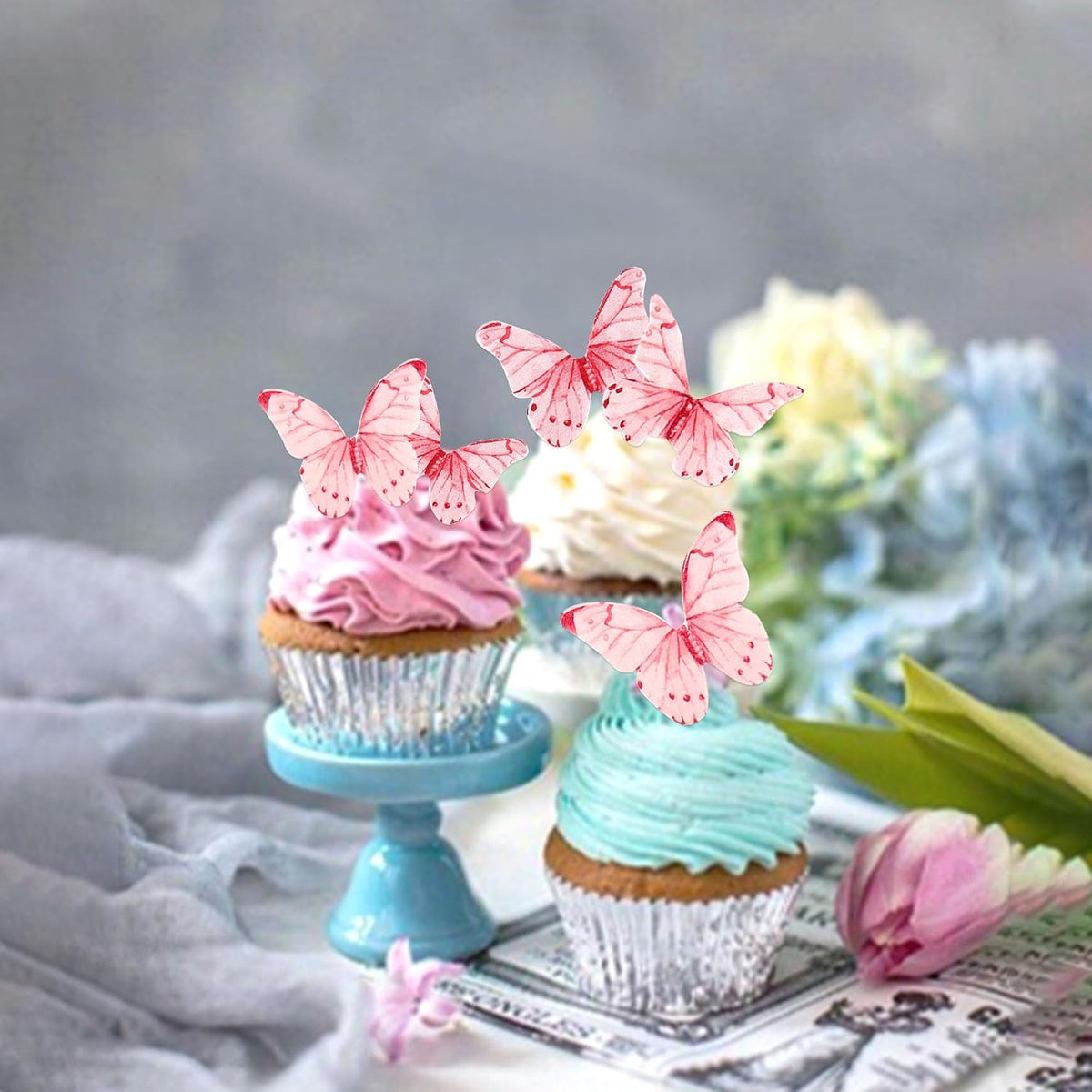 30Pcs 2D Waterproof Swallowtail Butterfly Cake Topper Transparent - Edible / Pink - image 2
