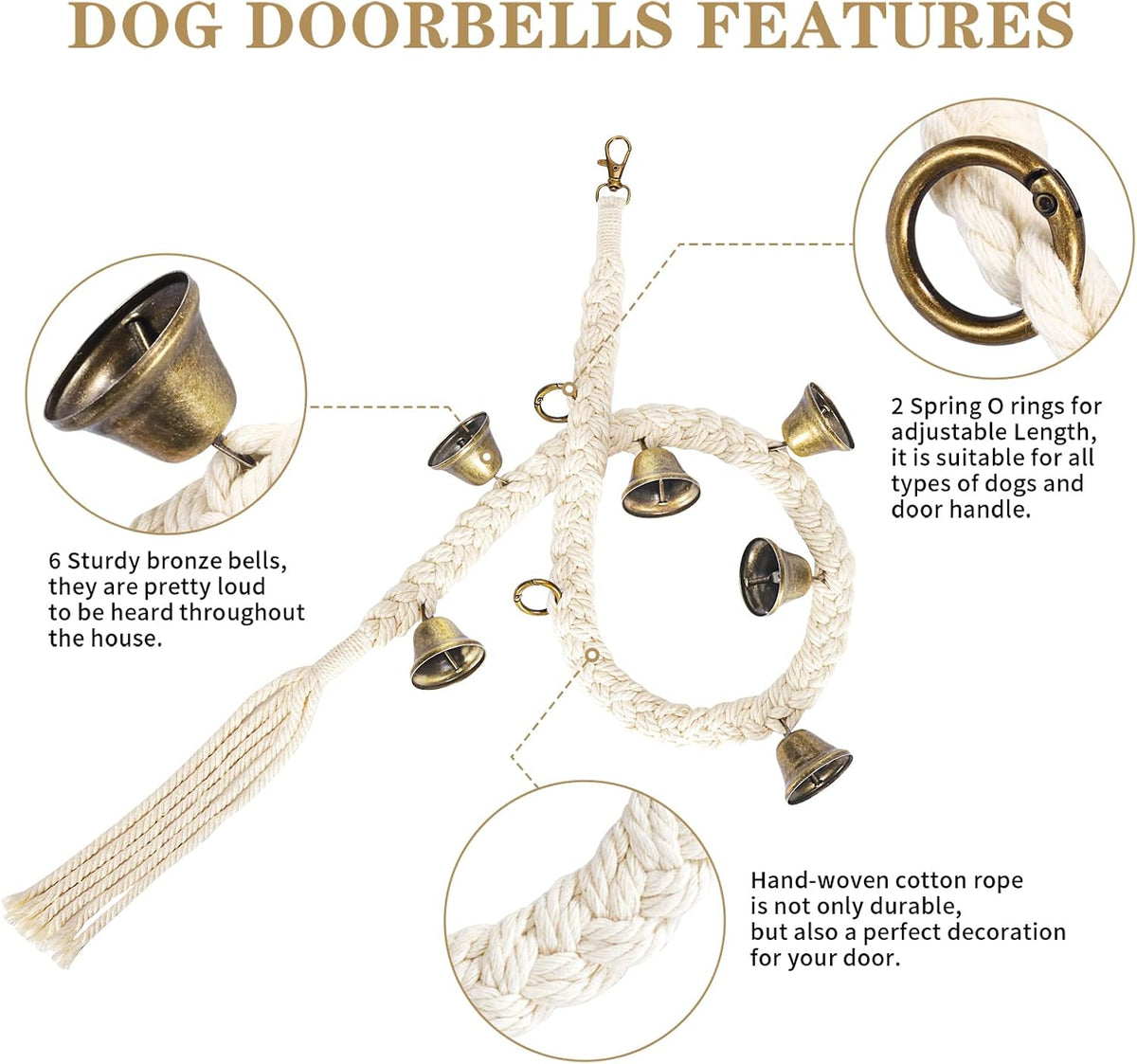 Dog Bells to Go Outside, Cotton Handwoven Potty Training Bell – Essentials for Dogs - Beige - image 2