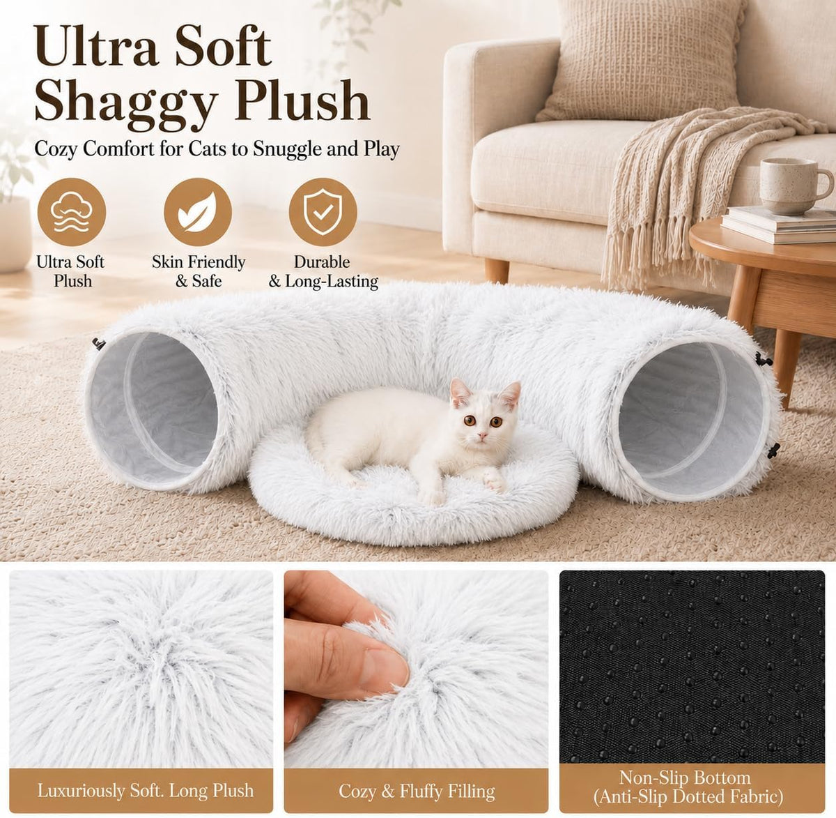 Warm Fluffy Plush Cat Dog Tunnel Bed Under Christmas Tree Big Tube - White - image 4