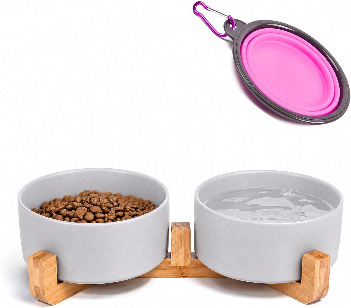 Ceramic Cat Dog Bowl Set with Stand - Grey / 400ML*2