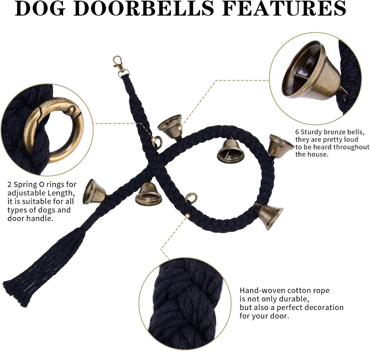 Dog Bells to Go Outside, Cotton Handwoven Potty Training Bell – Essentials for Dogs - Black - image 2