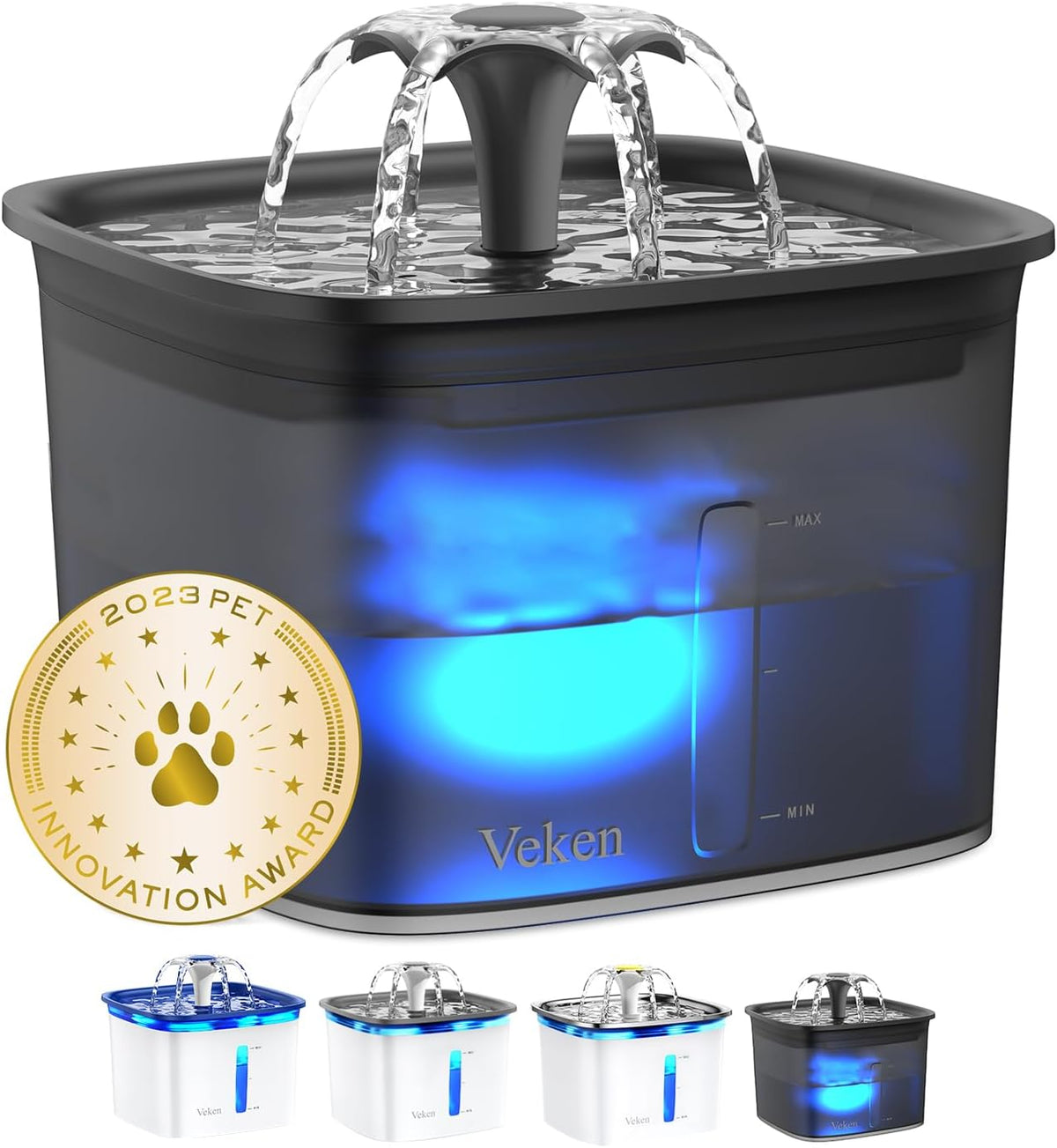 Veken Innovation Award Winner 95oz/2.8L Cat Water Fountain - Space Black / 2 Filters+2 Sponges