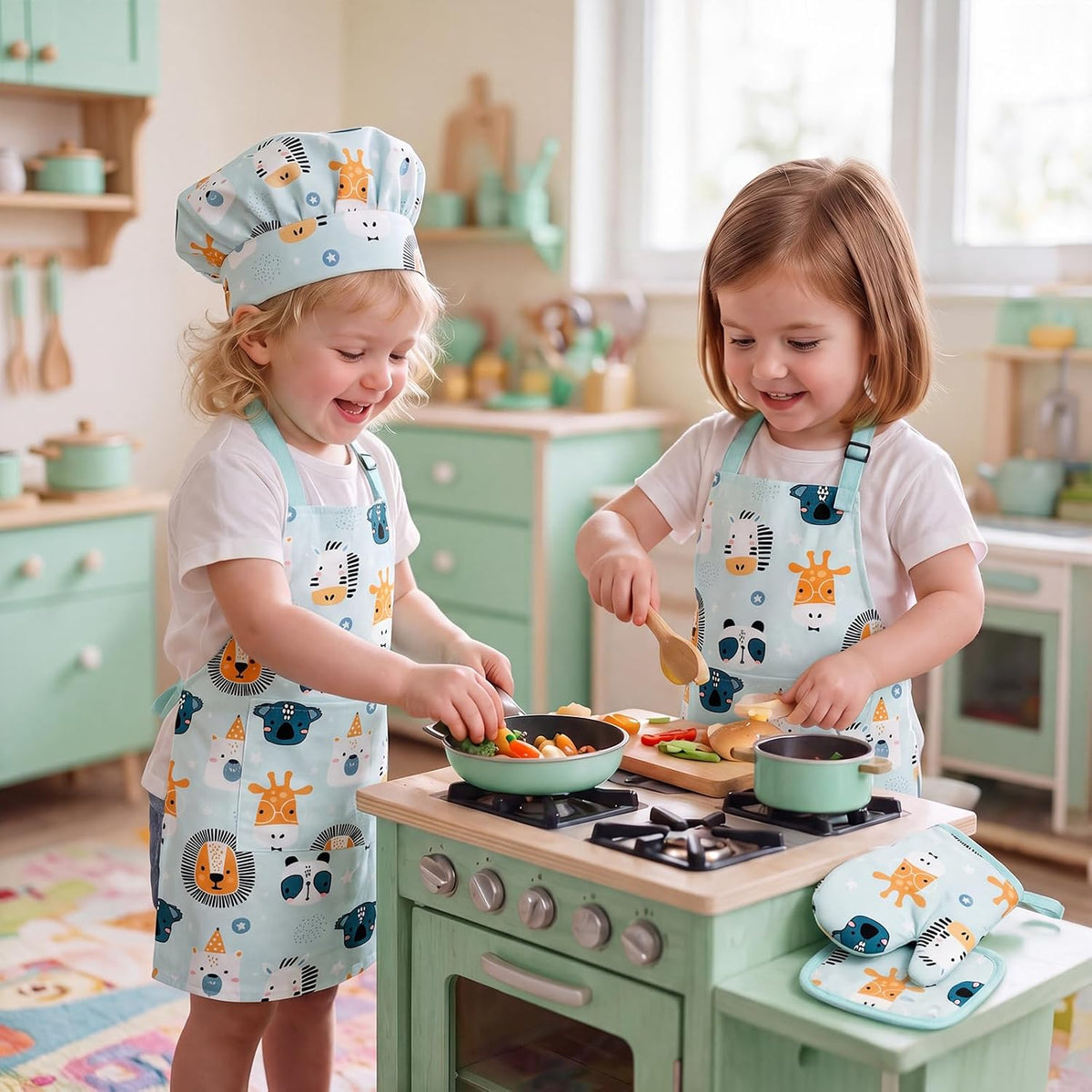 Kids Apron for Boys and Girls Aged 3-6 100% Cotton Blue WQHM – Fun for Kids & Family - Green 4-pack Apron Set - image 3