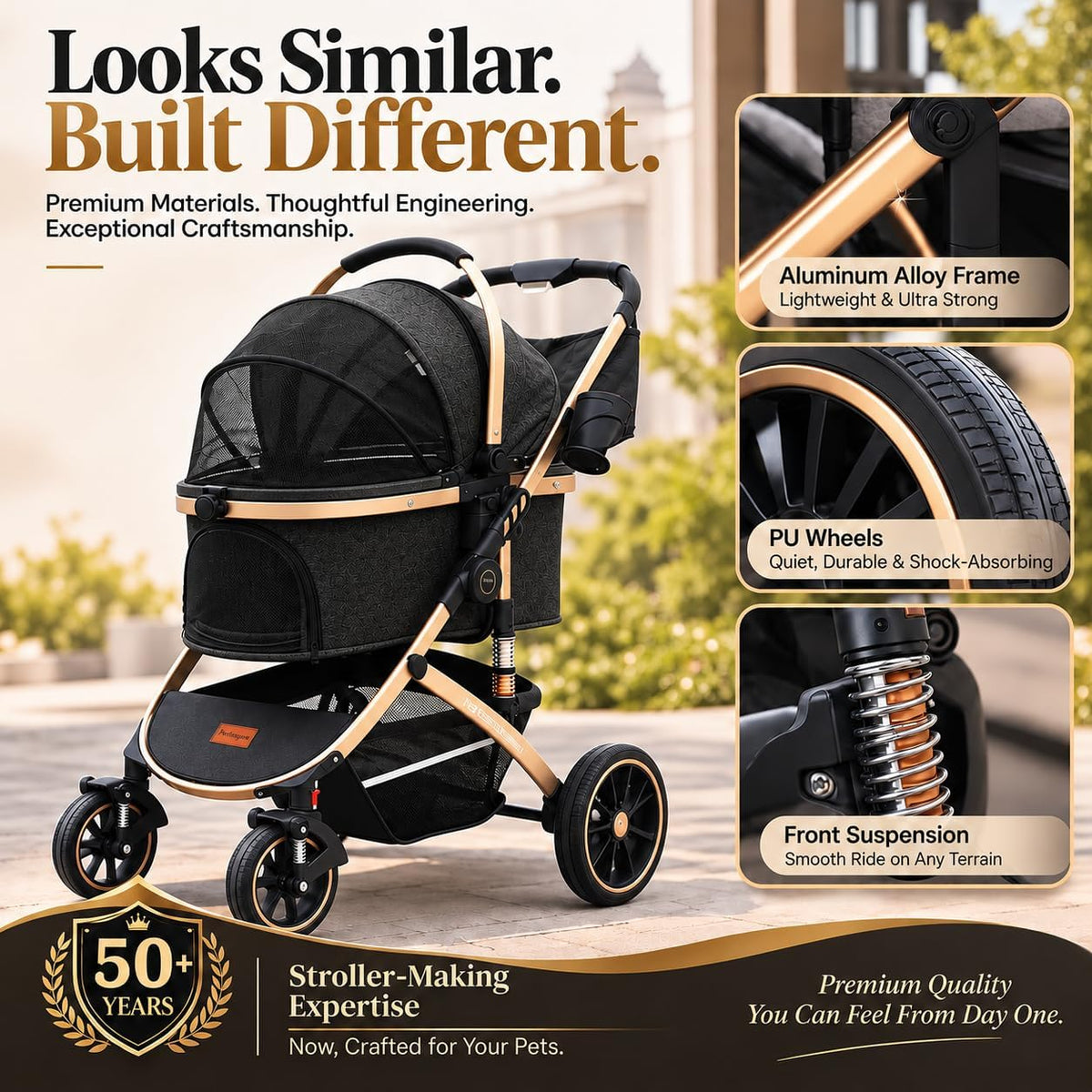 Pettingzoo Dog Stroller, Aluminum Frame, Removable Carrier - Black - image 3
