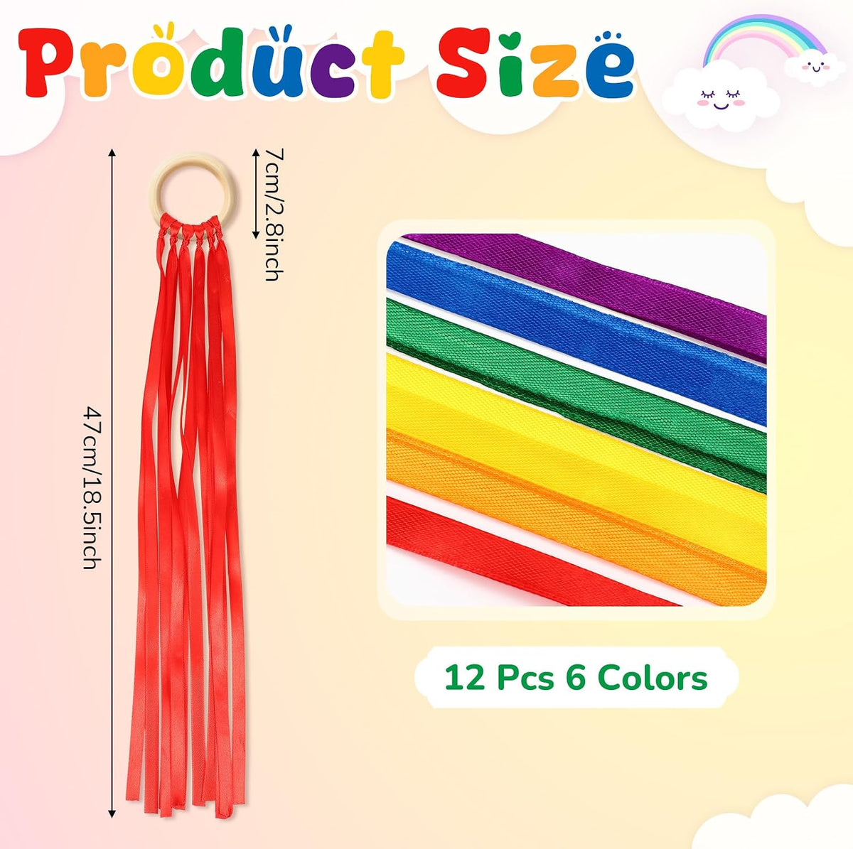 Deekin rainbow ribbon rings, wooden Waldorf hand kites with bright streamers - view 22