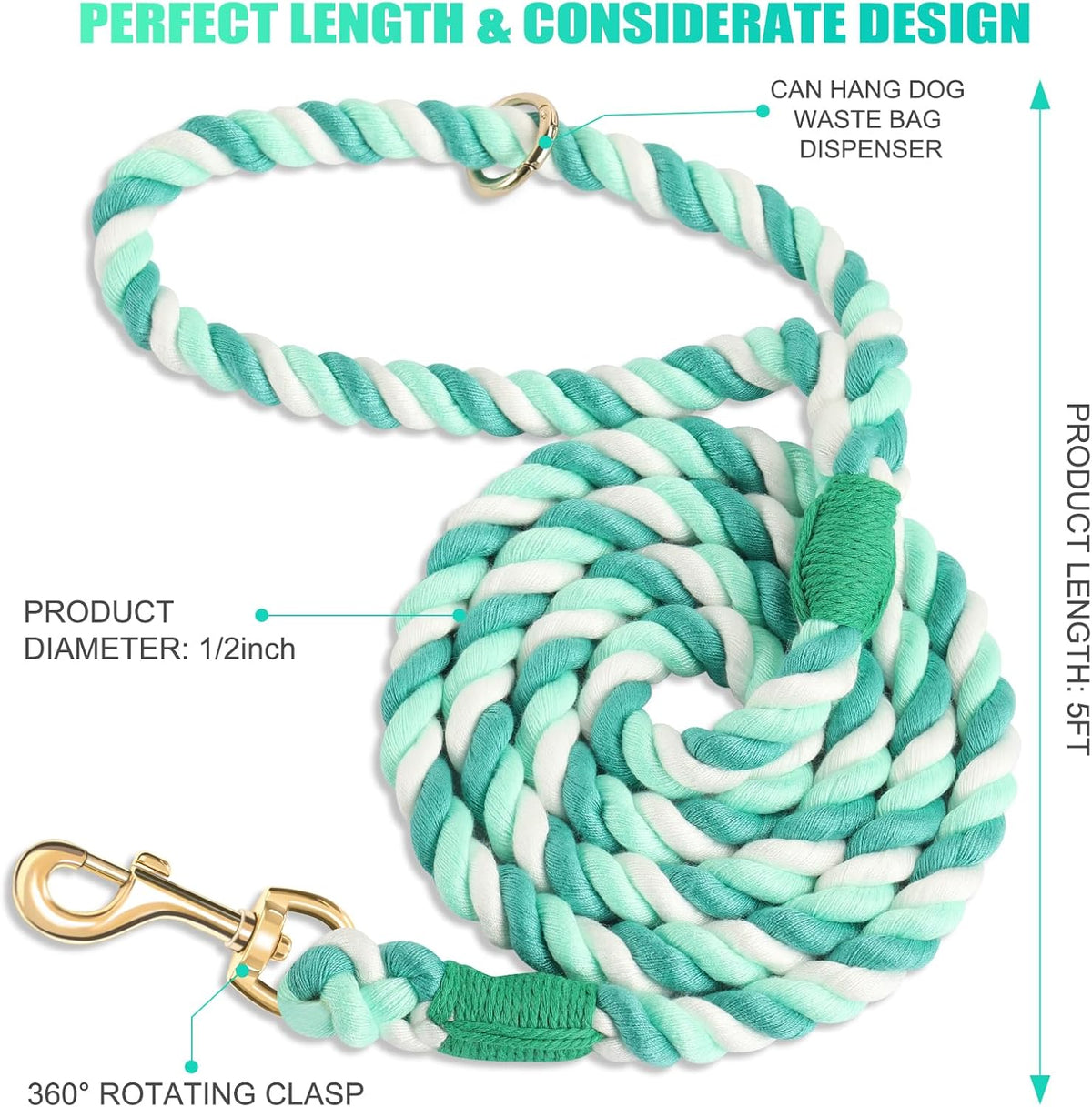5 FT Handmade Rope Dog Leash for Small Medium and Large Dogs – Essentials for Dogs - 5FT x 1/2in (Pack of 1) / Moss Green - image 2