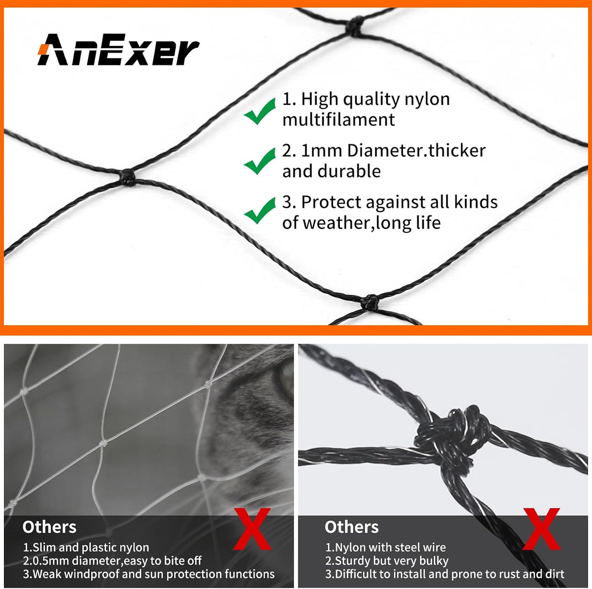 AnExer black composite nylon cat netting for balcony with rope, hooks and anchors - view 3