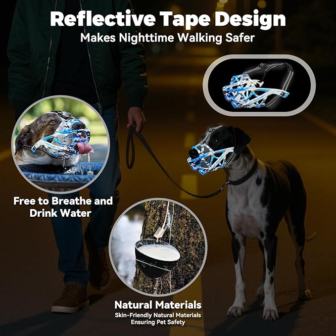 Dog Muzzle for Large Dogs, Medium and X-Large Aggressive Dog, Breathable Basket Muzzles, Suitable for Grooming Trimming Training, Allows Panting Drinking (Camouflage Blue, L)