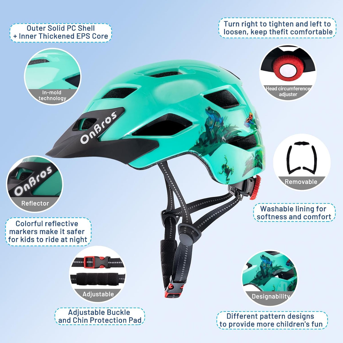 OnBros Kids Bike Helmet Boys Girls Youth Visor Adjustable 50-57CM – Fun for Kids & Family - B-Light Green Frogs [NEW] - image 3