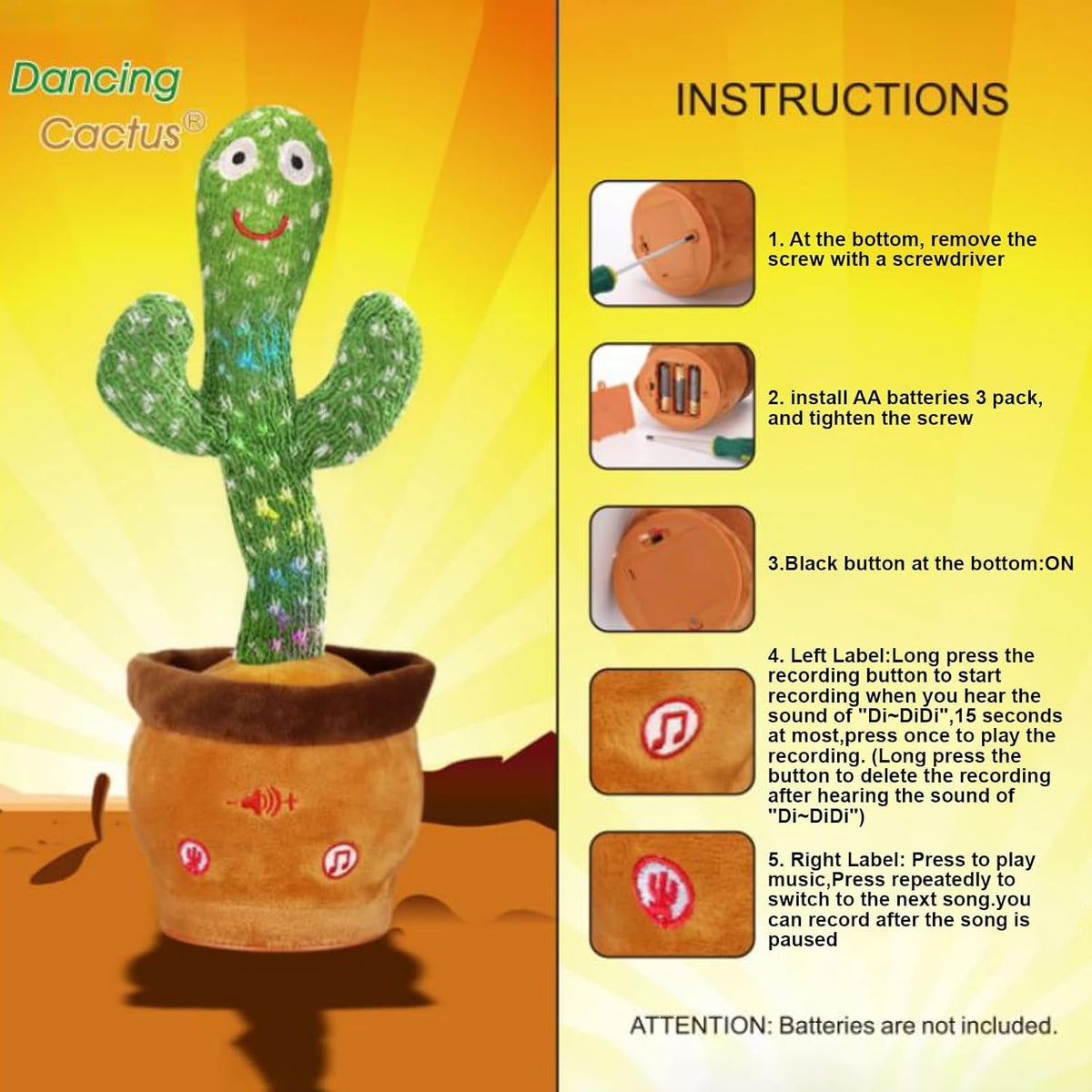 Emoin Adjustable Volume Control Dancing Cactus Toy Talking Cactus Toy - A-Dancing Cactus-Volume adjustment - image 3