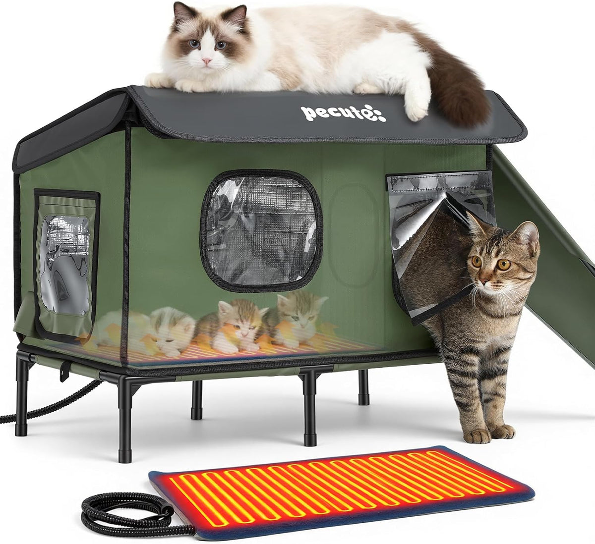 Pecute Insulated Weatherproof Outdoor Cat House with Cat Heating Pad – Essentials for Cats - X-Large ( 31.1"L x 16.9"W x 19.6"H )