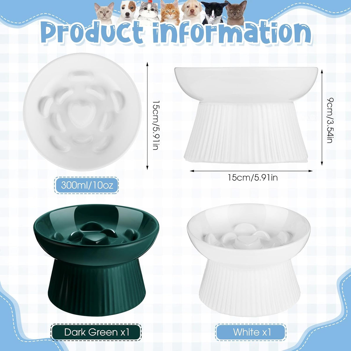 Tioncy 2 Pcs Ceramic Elevated Slow Feeder Cat Bowl - Dark Green, White / 2 - image 2