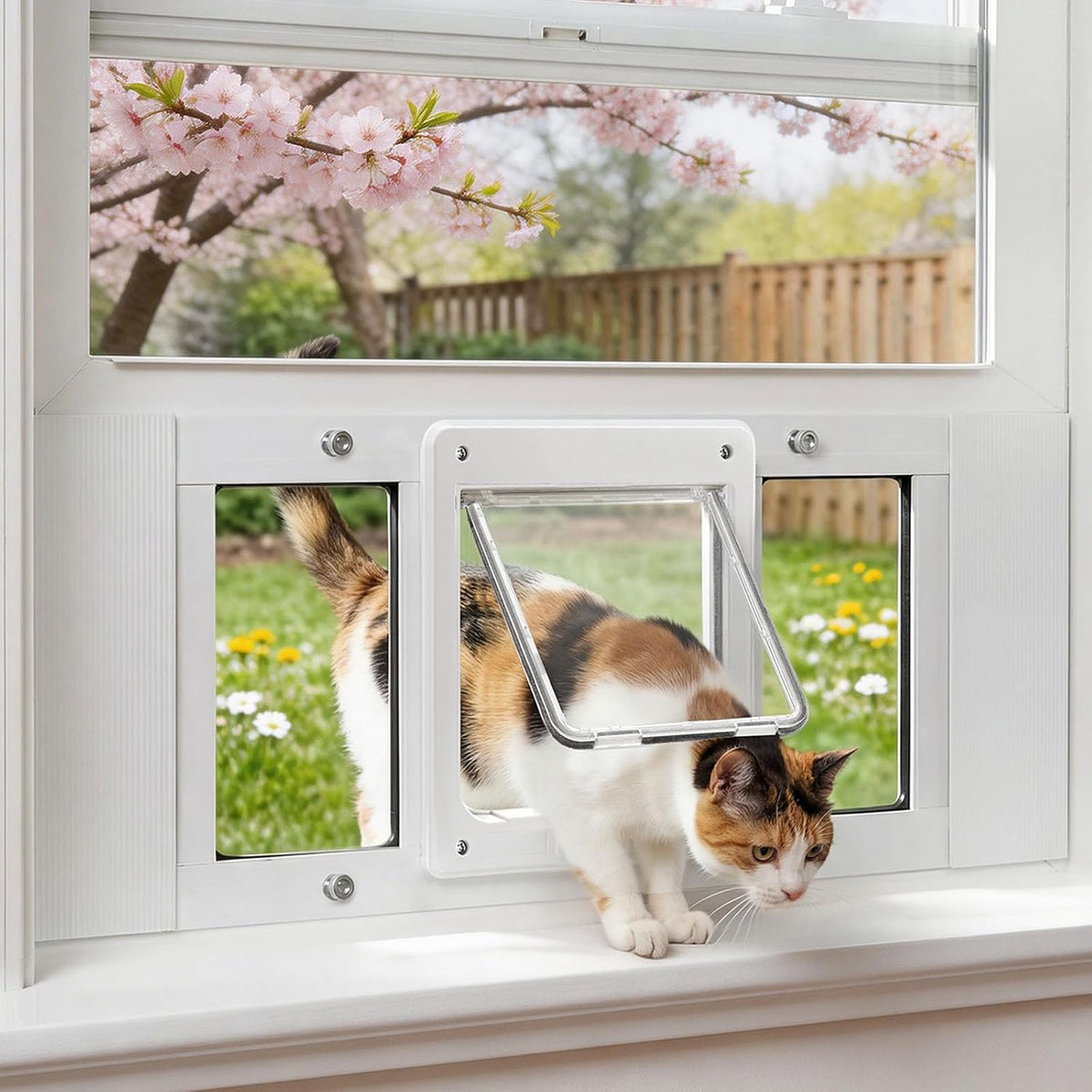 Cat Door for Window & Small Dog, Quick Damage-Free Install - S: Fits 24"-28" Width / Extra‑Tall Height(H:15.3")