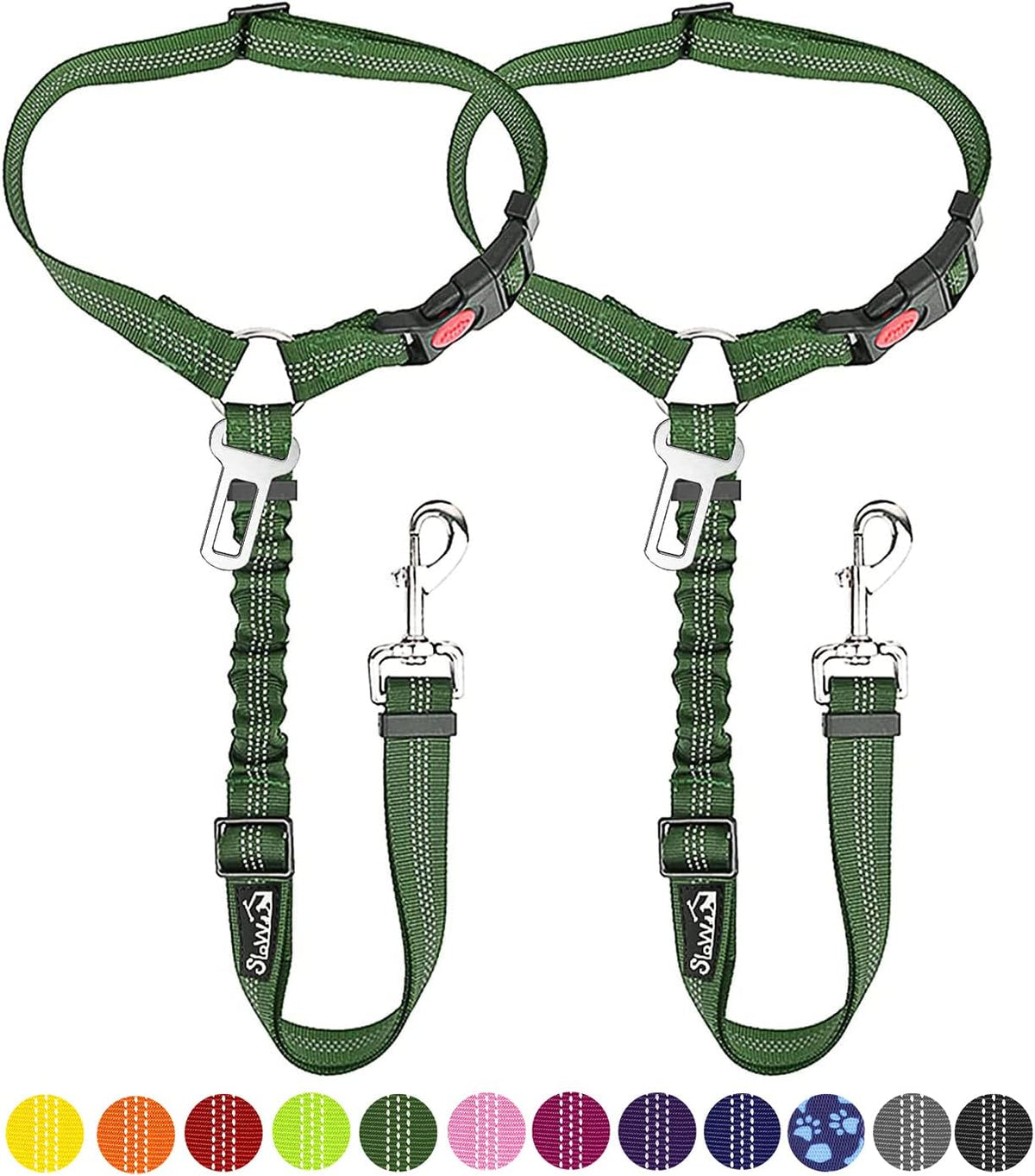 SlowTon Dog Seat Belt for Car - H.Green / Medium/Large (Headrest + Clip)