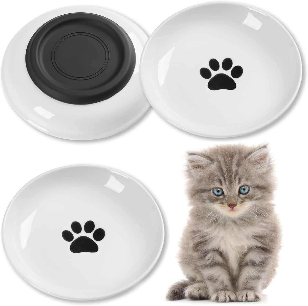 Cat Food Bowl, Whisker Friendly Ceramic Cat Bowls with Nonslip Silicone Bottom, Pack of 3 Quiet - Cat Paw Shallow 3 Pack