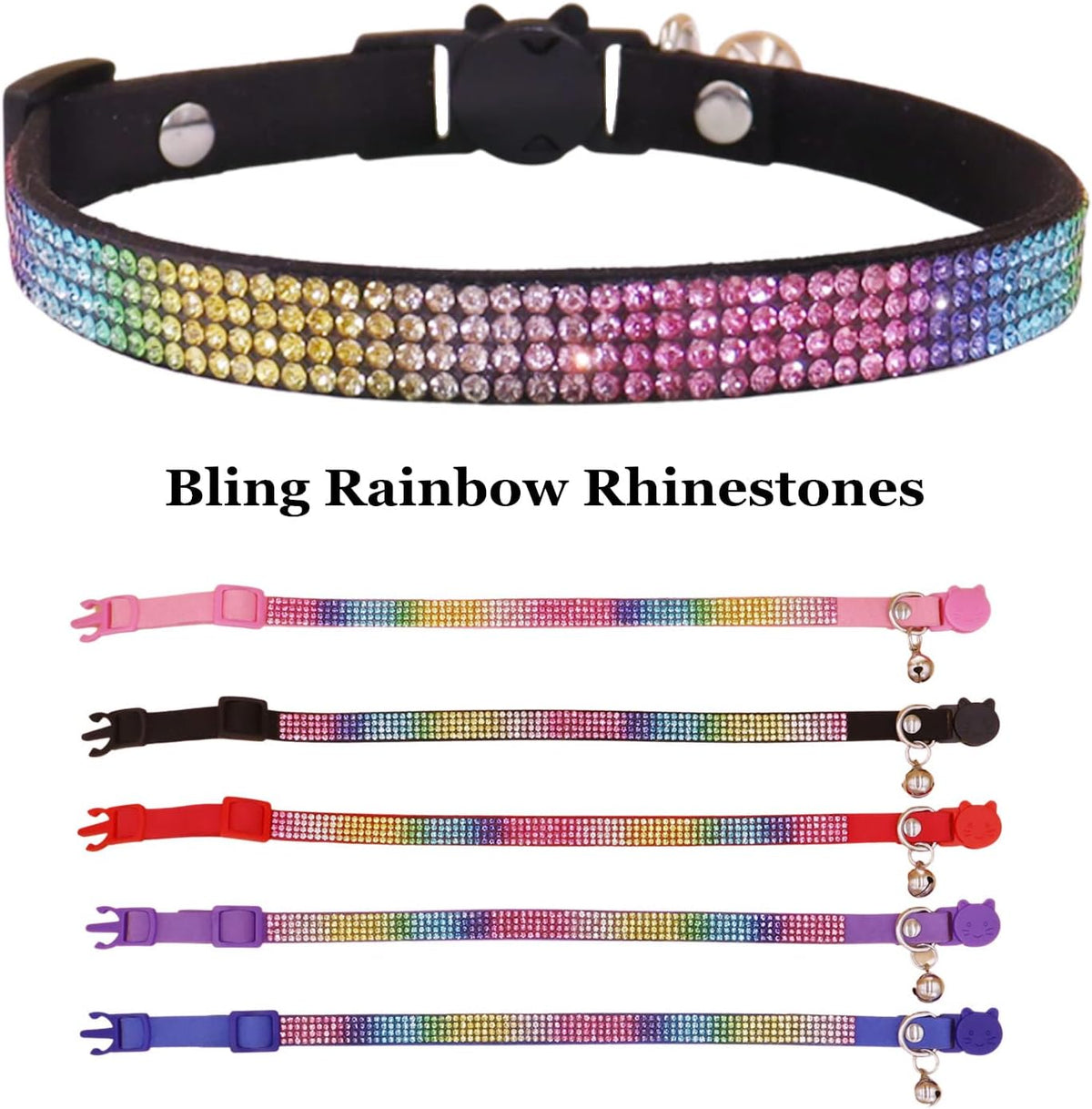 THAIN Basic Adjustable Cat Collar Bling Diamond Breakaway with Bell - Black - image 3
