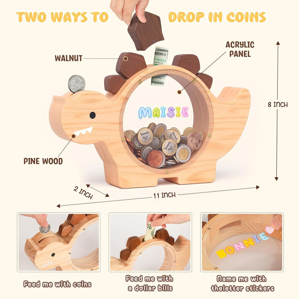 Summidate Wooden Dinosaur Piggy Bank - Natrul Wood / Standard - image 2