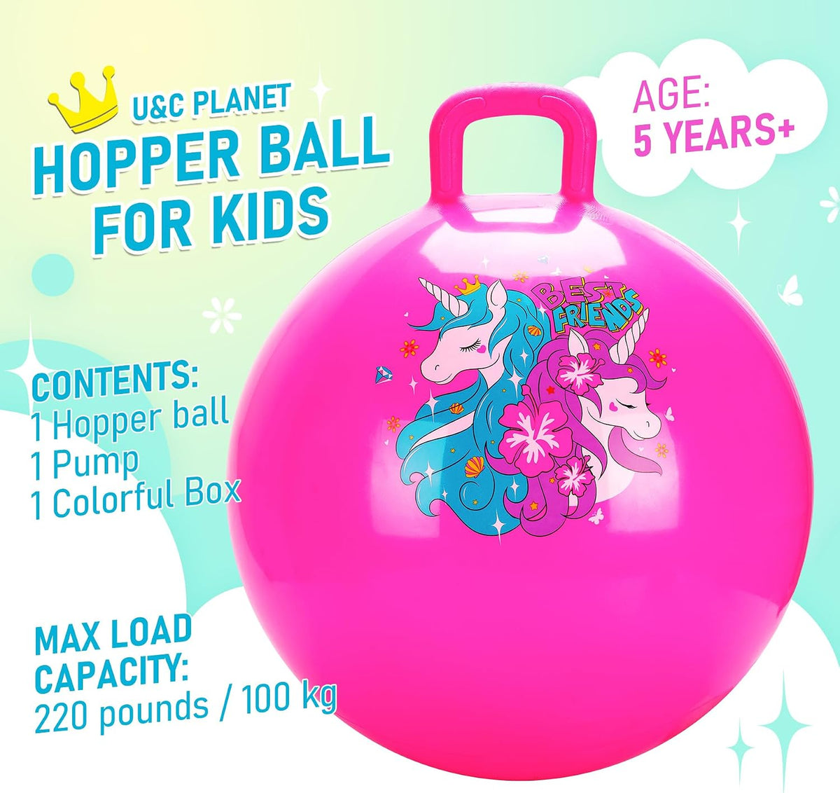 U&C Planet Hopper Ball, 18In Bouncy Ball with Handle for Kids Ages 3-6 – Fun for Kids & Family - 5-9 Years / Pink Unicon - image 2