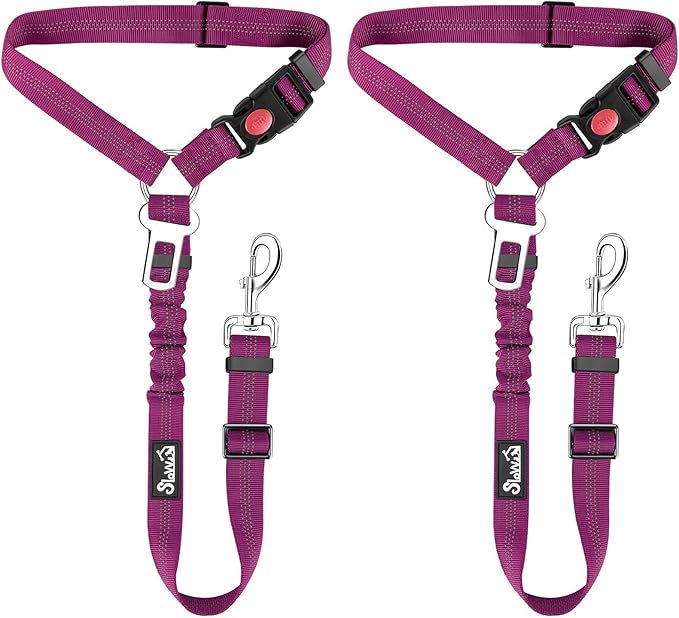 SlowTon Dog Seat Belt, 2 Pack Harness Seatbelt Adjustable With Elastic Bungee Buffer, 2 in 1 Pet Car Leash Headrest Restraint Reflective Safety Tether (Fushia, Dual Restraint)