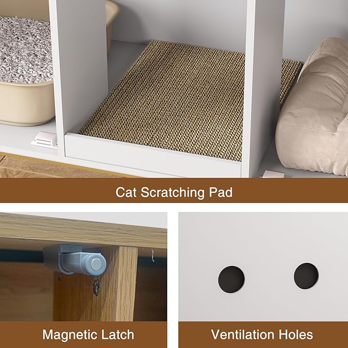 Litter Box Enclosure for 2 Cats, Fluted Hidden Cat Litter Box Furniture with Scratch Pad and Metal Legs, Modern Double Room Kitty House for Living Room, Washroom, 47.2”L x 17.7”W x 25.9”H, White