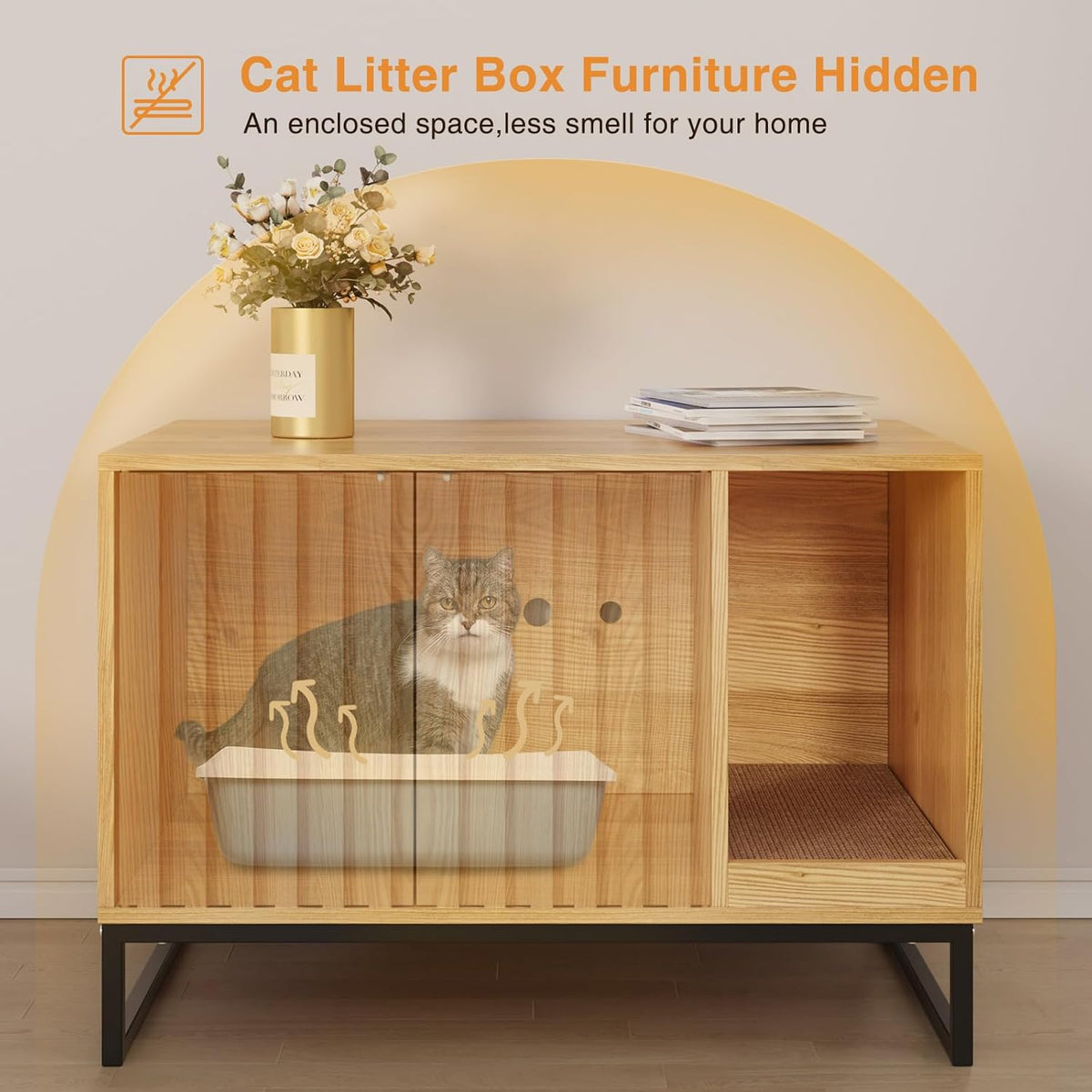 Litter Box Enclosure, Modern Cat Litter Box Enclosure Furniture Hidden Litter Box with Scratch Pad - Natural / 31.5"L x 20"W x 22"H - image 3